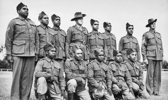 Group portrait of a platoon of Aboriginal soldiers 