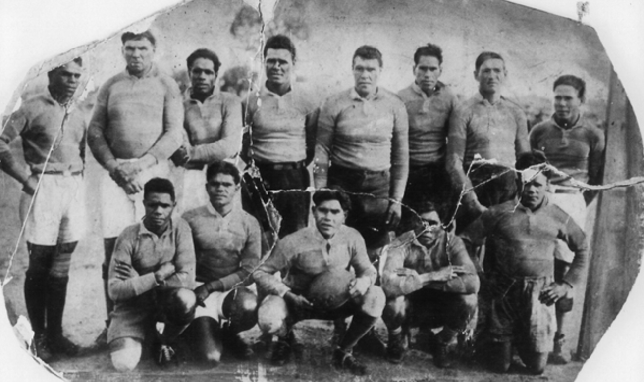 Frayed black and white photograph of The Erambie Allblacks team c.1922