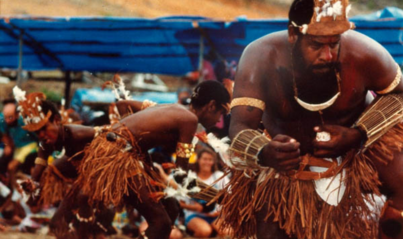 Torres Strait Cultural Festival - traditional dancers performing totem dance of Baizam 'Shark' totemic god, 1989