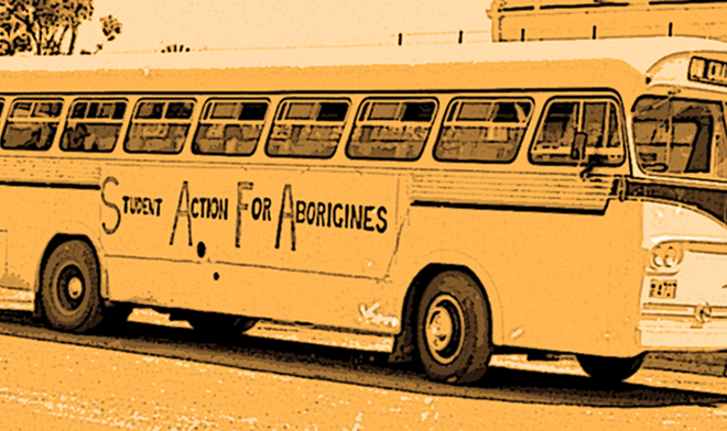 A stylised version of a bus with a sign on the side that reads 'Student Action for Aborigines'