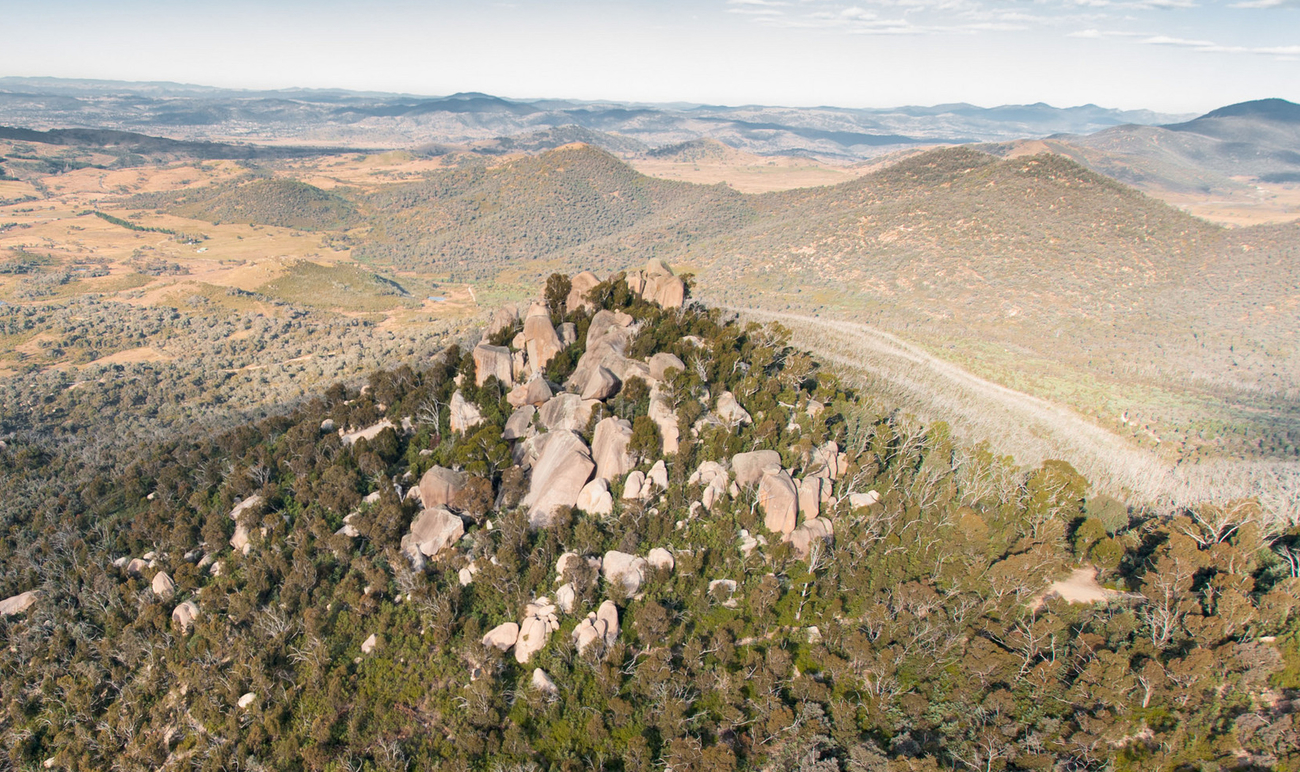 Arial view of mountains and rocky outcrop