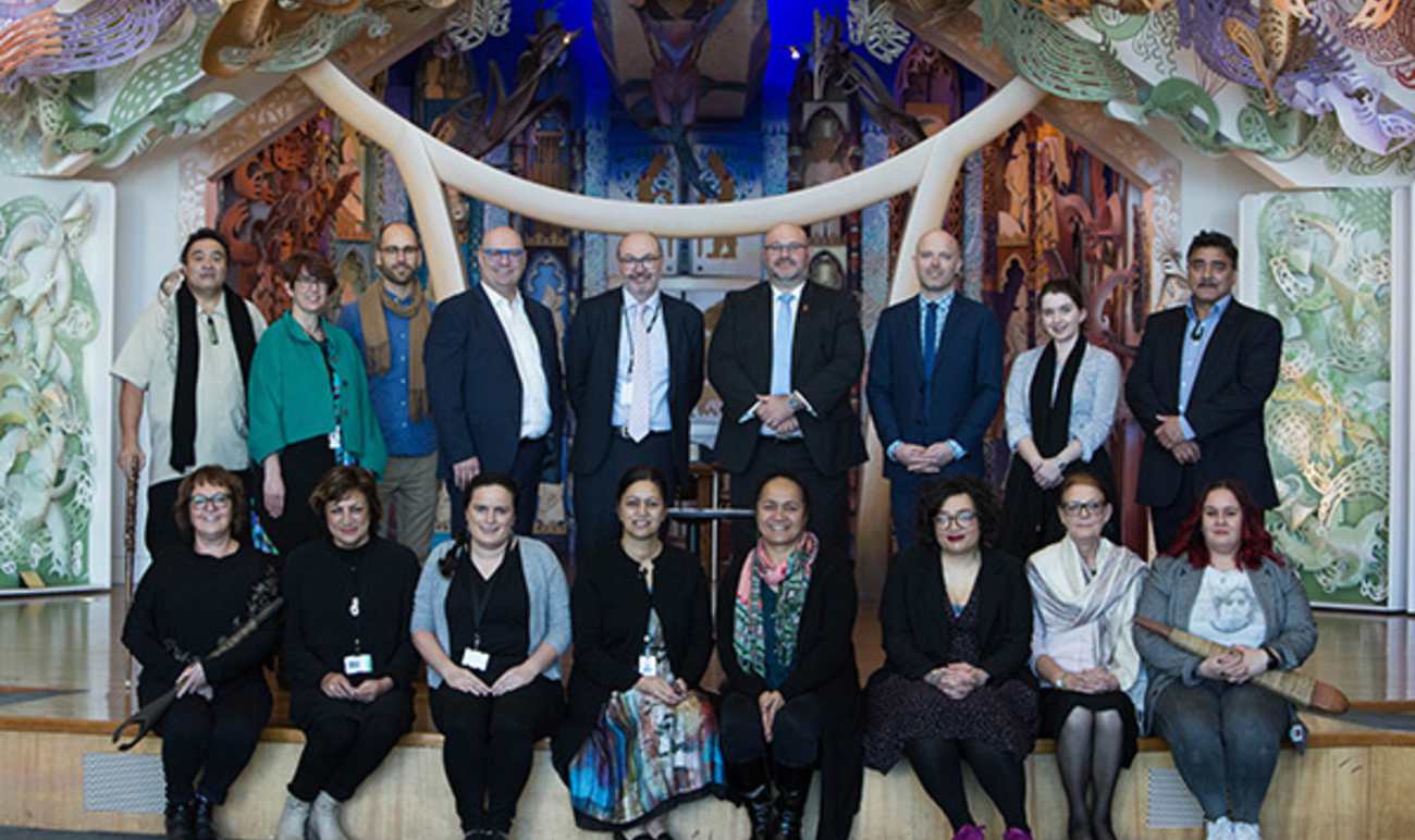 Official party at the MOU signing between Museum of New Zealand Te Papa Tongarewa and AIATSIS. Photo by Jack Fisher, courtesy of Museum of New Zealand Te Papa Tongarewa.