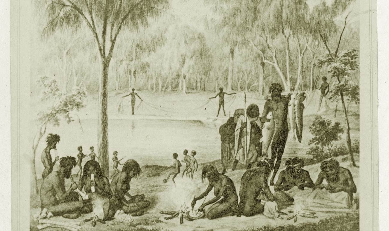 Etching by Gustav Muetzel drawn in the 1850s shows Aboriginal people playing football or Marngrook