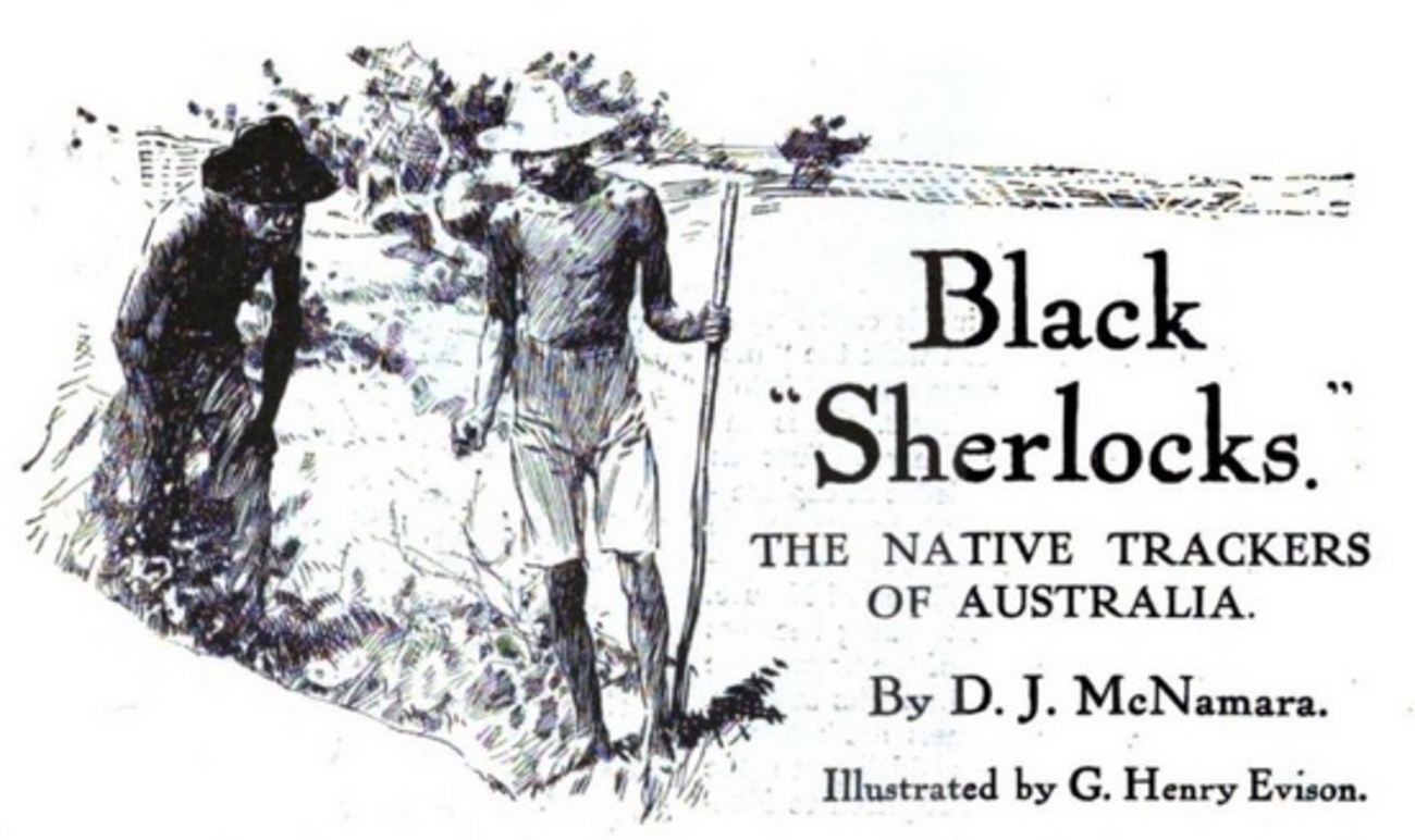 A black and white sketch of two Aboriginal men tracking something. with the text "Black Sherlocks." The Native Trackers of Australia. By D. J. McNamara. Illustrated by G. Henry Evison.