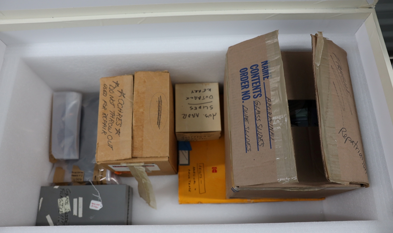 Boxes that contained the rare glass-plate (lantern) slides - Kelton Return