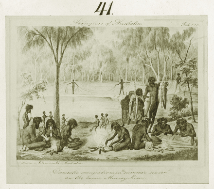 Etching by Gustav Muetzel drawn in the 1850s shows Aboriginal people playing football or Marngrook