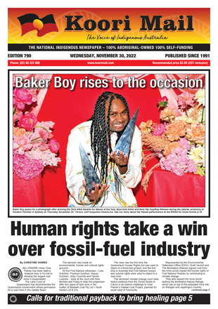 The Koori Mail front cover Issue 790 featuring Baker Boy holding two ARIA awards 